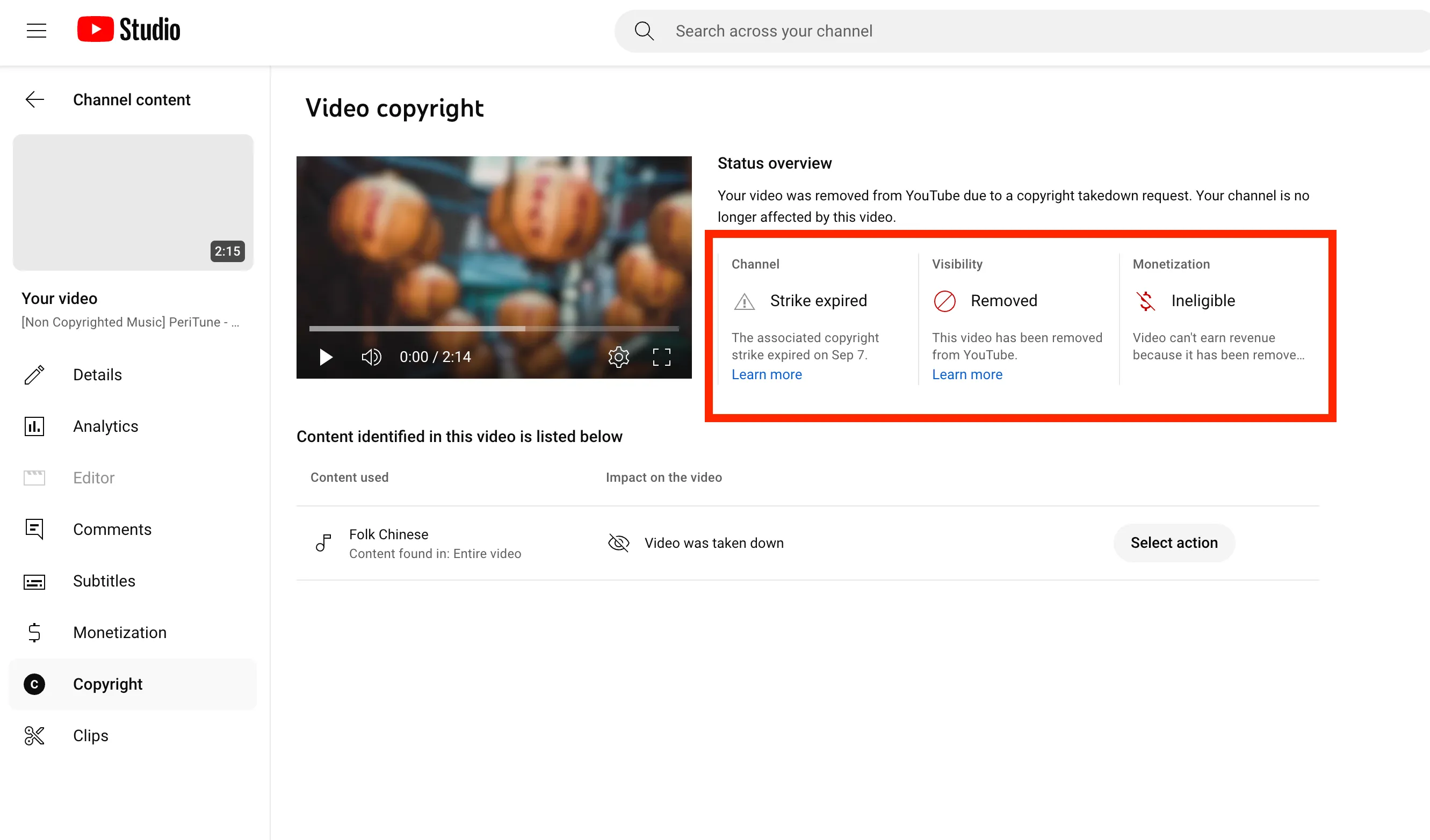 Copyright Strike YouTube Studio